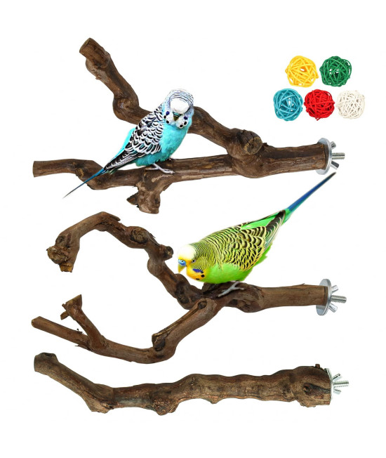 3 Packs Parrot Wood Perch,Natural Parrot Perch Bird Stand Pole Wild Grape Stick Climbing Standing Branches Toy Parakeet Toys Cage Accessories Toy Branches for Parakeet, Budgies, Lovebirds (Style-3)