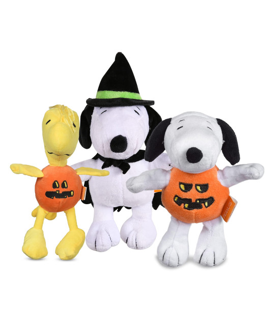 Peanuts for Pets 6 Inch 3 Pack Halloween Dog Toys Snoopy and Woodstock Pumpkin and Snoopy Witch Figure Dog Toys Plush Squeaky Dog Chew Toys Officially Licensed by Peanuts