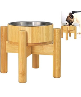Dog Food Bowl for Small Breeds - Elevated, Raised Pet Feeder Set - Bamboo Bowl, Stainless Steel Dish and Stand