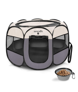 SereneLife 8-Panel Playpen for Dog & Cat w/Food/Water Bowl, Mesh Exercise Puppy Playground, Pet House Indoor & Outdoor, Travel & Camping Pet Kennel ON-The-GO Foldable Portable Pet Tent (Grey- Large)