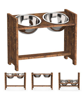 Vantic Elevated Dog Bowls - Adjustable Raised Dog Bowls for Large and X-Large Dogs, Durable Rustic Brown Particle Board Dog Food Bowl Stand with 2 Stainless Steel Bowls and Non-Slip Feet