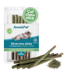 AmeizPet Silvervine Sticks for cats, chew Sticks covered with catnip Dust - Natural Matatabi cat Dental care, Silvervine cat Teeth cleaning Dental Sticks, 6 Pcs