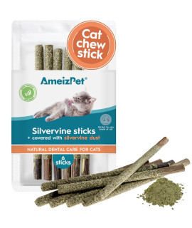AmeizPet Silvervine Sticks for cats, chew Sticks covered with Silvervine Dust - Natural Matatabi cat Dental care, catnip cat Teeth cleaning Dental Sticks, 6 Pcs