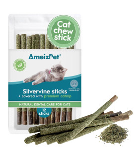 AmeizPet Silvervine Sticks for cats, chew Sticks covered with catnip Dust - Natural Matatabi cat Dental care, Silvervine cat Teeth cleaning Dental Sticks, 12 Pcs