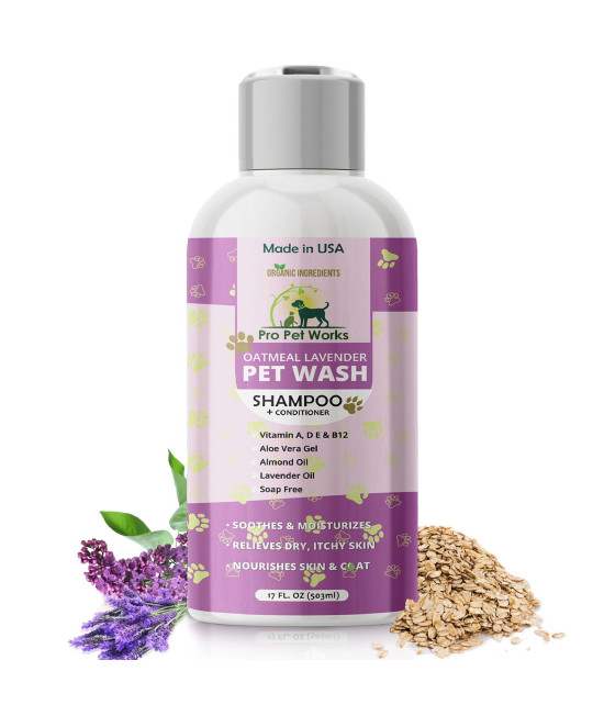 5 in 1 Oatmeal Lavender-Lilac Dog Shampoo and Conditioner 17oz-Organic Soap/Sulfate Free-Deshed Moisturizer for Dandruff Allergies & Itchy Dry Sensitive Skin-Grooming for Smelly Puppy-Pro Pet Works