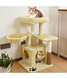 NEGTTE Cat Tree,Small Cat Tower with Scratching Post,Cat Condo with Perch,Hammock (31in, Beige)