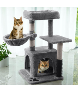 NEGTTE Cat Tree,Small Cat Tower with Scratching Post,Cat Condo with Perch,Hammock (31in, Light Grey)
