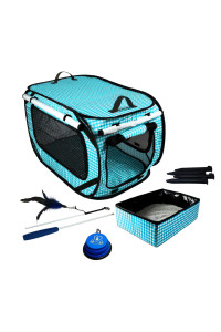 Pet Fit For Life Extra Large (32x19x19) Collapsible Cat Travel Condo with Travel Litter Box for Cats and Bonus Cat Feather Toy and Collapsible Water/Food Bowl - Teal Checkers