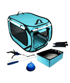 Pet Fit For Life Extra Large (32x19x19) Collapsible Cat Travel Condo with Travel Litter Box for Cats and Bonus Cat Feather Toy and Collapsible Water/Food Bowl - Teal Checkers
