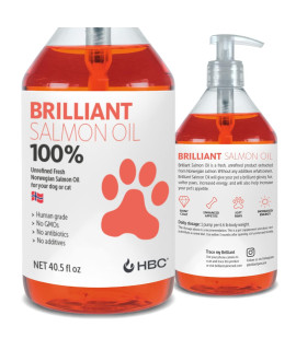 Brilliant Salmon Oil for Dogs (40oz) Omega 3 Fish Oil Liquid Supplement with DHA, EPA Fatty Acids Supports Skin and Coat, Immune System & Joint Function Hofseth BioCare