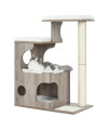 Feandrea WoodyWonders Cat Tree, 33.9-Inch Modern Cat Tower, Cat Condo with 3 Perches, Scratching Post and Mat, Cave, 4 Removable Washable Cushions, Greige and White UPCT070G01