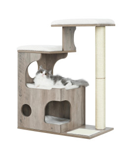 Feandrea WoodyWonders Cat Tree, 33.9-Inch Modern Cat Tower, Cat Condo with 3 Perches, Scratching Post and Mat, Cave, 4 Removable Washable Cushions, Greige and White UPCT070G01
