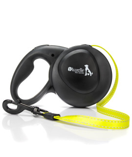 BLUZELLE 26ft Retractable Leash for Dogs up to 110lbs, Bright Neon Yellow Reflector Nylon Belt with 360A Snap Hook Metal, Reliable Braking System One-Hand Operation Ergonomic Rubberized Handle, Black