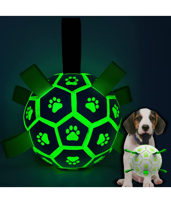 QDAN Glow in The Dark Dog Toys Soccer Ball with Straps, Outdoor Interactive Dog Toys Puppy Birthday Gifts, Dog Tug Water Toy, Light Up Dog Balls for Small & Medium Dogs(6 Inch Size 2)