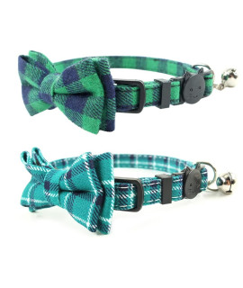 Pipidog Cat Collar Breakaway with Bell and Bow Tie, Plaid Design Adjustable Safety Kitty Kitten Collars(6.8-10.8in) (Green&Cyan Plaid)