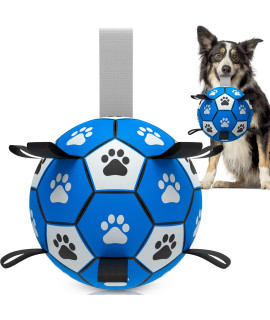 QDAN Dog Ropes Toys Soccer Ball with Straps, Interactive Dog Toys for Tug of War, Puppy Birthday Gifts, Dog Tug Toy, Dog Water Toy, Durable Dog Balls for Medium & Large Dogs-Blue&Grey(8 Inch)