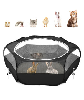 Pawaboo Small Animals Playpen, Waterproof Small Pet Cage Tent with Zippered Cover, Portable Outdoor Yard Fence with 3 Metal Rod for Kitten/Puppy/Guinea Pig/Rabbits/Hamster/Chinchillas, Black
