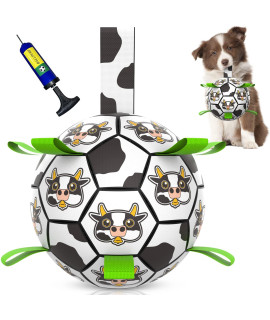 QDAN Dog Toys Soccer Ball with Straps, Outdoor Interactive Dog Toys for Tug of War, Puppy Birthday Gifts, Dog Tug Toy, Dog Water Toy, Durable Dog Balls for Small & Medium Dogs-Milk Cow(6 Inch)