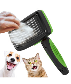 Crala Self-Cleaning Slicker Brush for Dogs & Cats, Grooming Combs for Short & Long-Haired Dogs, Cats, Rabbits & More - Gently Removes Loose Undercoat, Mats and Tangled Hair - Forest Green