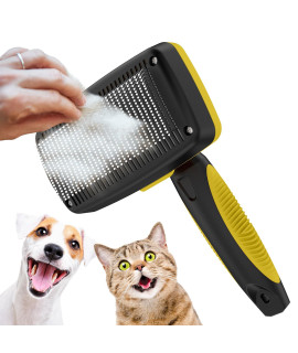 Crala Self-Cleaning Slicker Brush for Dogs & Cats, Grooming Combs for Short & Long-Haired Dogs, Cats, Rabbits & More - Gently Removes Loose Undercoat, Mats and Tangled Hair - Lemon Yellow