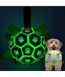 QDAN Glow in The Dark Dog Toys Soccer Ball with Straps, Outdoor Interactive Dog Toys Puppy Birthday Gifts, Dog Tug Water Toy, Light Up Dog Balls for Small & Medium Dogs(6 Inch)