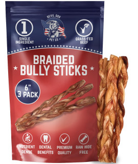 Devil Dog Pet Co Premium Bully Sticks for Dogs Pizzle Dog Chews - from 100% Grass-Fed, Free-Range Cattle - USA Veteran Owned (Braided, 6 Inch - 3 Pack)