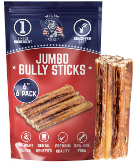 Devil Dog Pet Co Premium Bully Sticks for Dogs Pizzle Dog Chews - from 100% Grass-Fed, Free-Range Cattle - USA Veteran Owned (Jumbo, 6 Inch - 6 Pack)