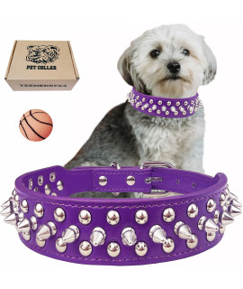 TEEMERRYCA Adjustable PU Leather Spiked Studded Dog Collars with a Squeak Ball Gift for Small Medium Large Pets Like Cats/Pit Bull/Bulldog/Pugs/Husky, Purple, S 10.8-13.2