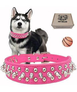 TEEMERRYCA Adjustable PU Leather Spiked Studded Dog Collars with a Squeak Ball Gift for Small Medium Large Pets Like Cats/Pit Bull/Bulldog/Pugs/Husky, Hot Pink, XS 8.3-10.6