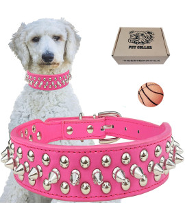 TEEMERRYCA Adjustable PU Leather Spiked Studded Dog Collars with a Squeak Ball Gift for Small Medium Large Pets Like Cats/Pit Bull/Bulldog/Pugs/Husky, Hot Pink, L 15-18.5