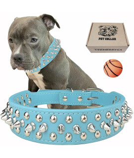 TEEMERRYCA Adjustable PU Leather Spiked Studded Dog Collars with a Squeak Ball Gift for Small Medium Large Pets Like Cats/Pit Bull/Bulldog/Pugs/Husky, Blue, XXL 19.7-22.4 inches