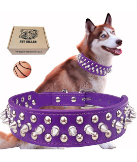 TEEMERRYCA Adjustable PU Leather Spiked Studded Dog Collars with a Squeak Ball Gift for Small Medium Large Pets Like Cats/Pit Bull/Bulldog/Pugs/Husky, Purple, XXL 19.7-22.4