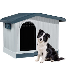 YITAHOME 34.6'' Large Plastic Dog House with Liftable Roof, Indoor Outdoor Doghouse Puppy Shelter with Detachable base and Adjustable Bar Window Water Resistant Easy Assembly (34.6''L*29.1''W*24.2''H)