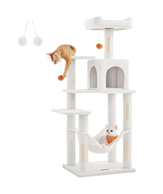 Feandrea Cat Tree, 56.3-Inch Cat Tower for Indoor Cats, Multi-Level Cat Condo with 4 Scratching Posts, 2 Perches, Hammock, Cave, Cream White UPCT161T01