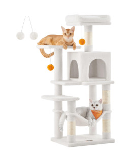 Feandrea Cat Tree, 44.1-Inch Cat Tower for Indoor Cats, Multi-Level Cat Condo with 4 Scratching Posts, 2 Perches, Hammock, Cave, Cream White UPCT261T01