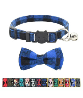 Cat Collar Breakaway with Bell and Bow Tie, Plaid Design Adjustable Safety Kitty Kitten Collars(6.8-10.8in) (Blue Plaid 3)