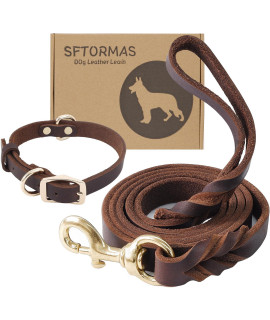 SFTORMAS 6ft Leather Dog Leash and Dog Collar Set, Sturdiness Leather Dog Collar, Soft Leather Dog Leash and Dog Collars Set Combo, for Medium Dogs Leather Dog Collar.(Brown)