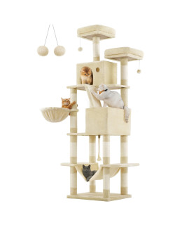 Feandrea Cat Tree, 81.1-Inch Large Cat Tower with 13 Scratching Posts, 2 Perches, 2 Caves, Basket, Hammock, Pompoms, Multi-Level Plush Cat Condo for Indoor Cats, Beige UPCT190M01