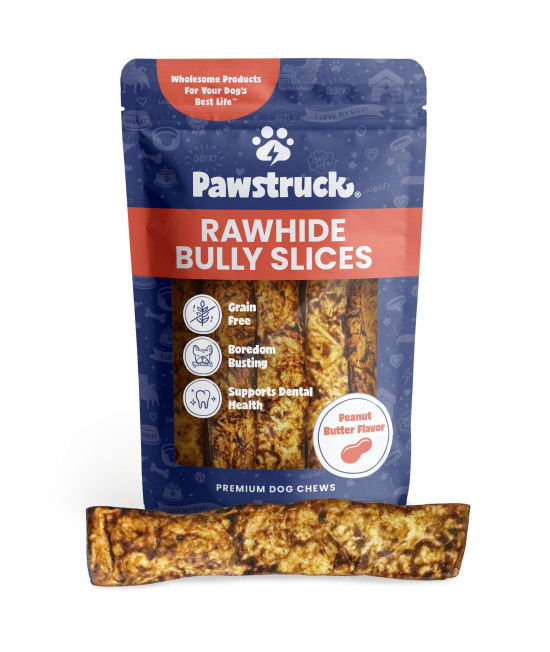 Pawstruck Bully Slices Premium Rawhide Chew Sticks, Peanut Butter Flavor - Low Fat High Protein Long-Lasting Dental Treat for Small, Medium, Large Dogs - No Artificial Ingredients - 1 lb. Bag