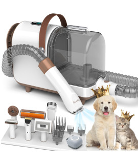 Bunfly Dog Grooming Kit,13000Pa Strong Grooming & Vacuum Suction 99.99% Pet Hair, 7 Pet Grooming Tools for Dogs Cats, 3L Large Capacity Dust Cup, Quiet Pet Vacuum Groomer(Brown&White)