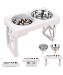 Elevated Slow Feeder Dog Bowls, 3 Heights Adjustable Raised Pet Food Bowl Stand with Slow Feeder 2 Stainless Steel Food Water Bowls, Elevated Dog Bowls for Large Medium and Small Cats and Dog