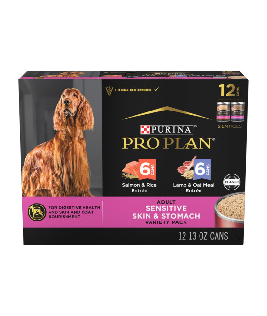 Purina Pro Plan Sensitive Skin and Stomach Dog Food Pate Salmon and Rice and Lamb and Oat Meal Wet Dog Food Variety Pack - (12) 13 oz. Cans