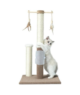 PAWSFANS Cat Scratching Post 30in Tall Sisal Carpet Vertical Scratch Posts for Indoor Cats and Kittens,with Hanging Ball and Bursh Beige
