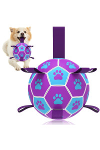 QDAN Dog Ropes Toys Soccer Ball with Straps, Interactive Dog Toys for Tug of War, Puppy Birthday Gifts, Dog Tug Toy, Dog Water Toy, Durable Dog Balls for Medium Dogs-Blue&Purple(6 Inch)