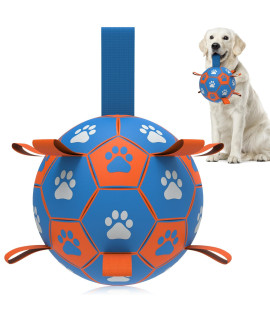 QDAN Dog Ropes Toys Soccer Ball with Straps, Interactive Dog Toys for Tug of War, Puppy Birthday Gifts, Dog Tug Toy, Dog Water Toy, Durable Dog Balls for Medium & Large Dogs- Blue&Orange(8 Inch)