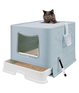 Foldable Cat Litter Box with Lid, Enclosed Cat Potty, Top Entry Anti-Splashing Cat Toilet, Easy to Clean Including Cat Litter Scoop and 2-1 Cleaning Brush (Blue) Extra Large