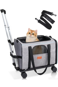 Morpilot Cat Carrier with Wheels Airline Approved, Pet Dog Carrier with Wheels for Small Dogs, Rolling Cat Carrier for Small Cats Puppy Stroller Detachable and Foldable Pet Travel Bag Gray