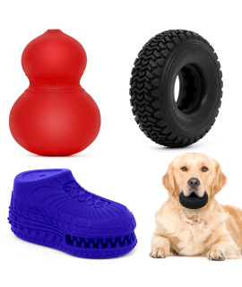 Dog Chew Toys 3-Pack, Dog Squeaky Toys for Aggressive Chewers, Small Medium Large Breeds, Tough Indestructible Natural Rubber Puppy Teething Toy, Interactive Fetch and Tug, Puzzle, Pet Birthday Gifts