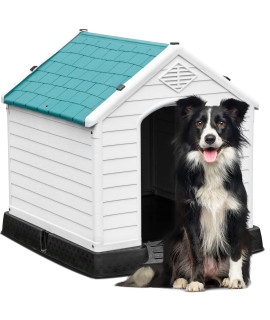 YITAHOME 34.5'' Large Plastic Dog House Outdoor Indoor Doghouse Puppy Shelter Water Resistant Easy Assembly Sturdy Dog Kennel with Air Vents and Elevated Floor (34.5''L*31''W*32''H, Gray+Brown)