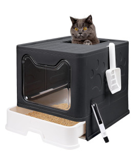 Foldable Cat Litter Box with Lid, Enclosed Cat Potty, Top Entry Anti-Splashing Cat Toilet, Easy to Clean Including Cat Litter Scoop and 2-1 Cleaning Brush (Black) Large
